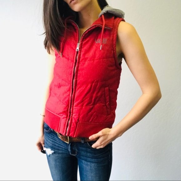 VANS Red Zip Hooded Puffy Puffer Vest - Picture 2 of 7